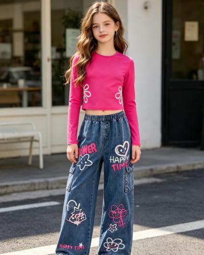 Image of Tween Girls Clothes 2 Piece Long Sleeve Top + Denim Cargo Pants, Teen Girls Fall Clothing Set, Sizes 7-16 Years