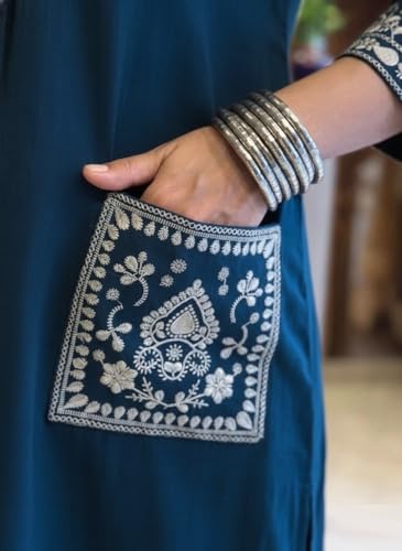 Image of SHEINZY Women's Embroidered Kurta Set with Pants | 3 /4 Sleeve V-Neck Kurti with Floral Thread Work | Ethnic Indian Wear for Casual & Festive Occasions | Comfortable Co-ord