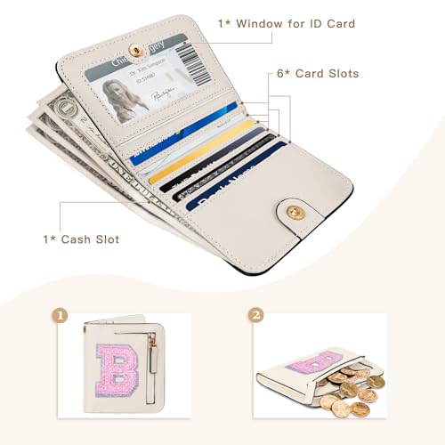 Image of COSHAYSOO Initial Wallet RFID Small Bifold Slim Letter Wallet for Women Teenager Girls Travel Daily Necessities Credit Cards Money Cash Coin Organizer, Cream, Compact, B
