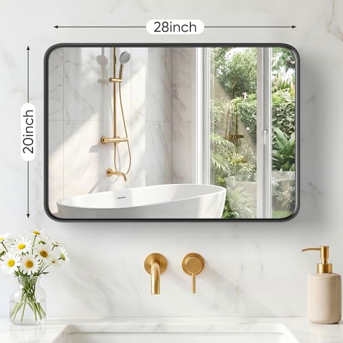 Image of NEWBULIG 20X28 Inch Bathroom Mirror for Over Sink, Wall Vanity Mirrors Tempered Glass, Anti-Rust Metal Framed Rounded Rectangle, Hangs Horizontally or Vertically, Farmhouse Home Decor, Black