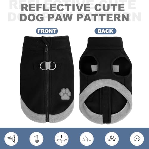 Image of Mihachi Dog Fleece Vest Sweater Zip Up Warm Pullover Step-in Dog Jacket with Dual D-Ring Leash, Winter Cold Weather Reflective Coat Clothes Hoodie for Small Medium Dogs Puppy Cat Boy Girl, Black XS