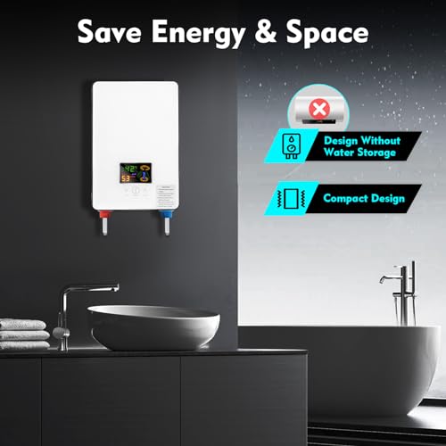 4500W Tankless Electric Water Heater Set, 110V Instant Hot Water Heater On Demand Shower Heater w/LED Display Screen&Overheating Protection, Thermostat Water Heater for Bathroom, Kitchen (White)