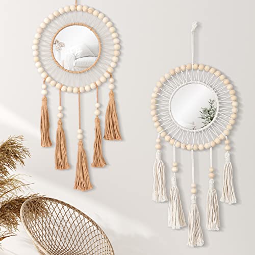 Dremisland Wall Mirror 2 Set Hanging Wall Mirror With Wood Beads Fringe Handmade Round Sunburst Decoration Boho Antique Mirror For Entryway Bedroom Living Room Nursery,Beautiful Gift Ideas #TOP26