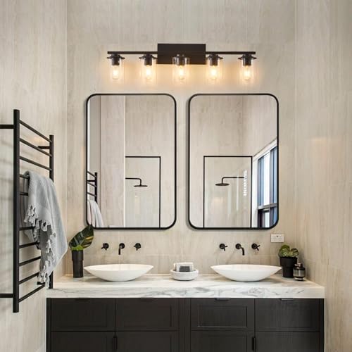 Image of Doltoro Black Vanity Light Fixtures, 5-Light Modern Bathroom Lights with Clear Glass Shade, Over Mirror Vanity Lighting