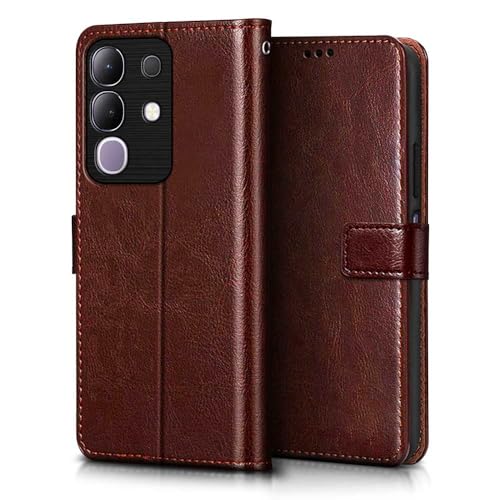 Image of WOW IMAGINE Shock Proof Flip Cover Back Case Cover for Vivo T4x 5G | iQoo Z10x 5G | Vivo Y31 Pro 5G (Flexible | Leather Finish | Card Pockets Wallet & Stand | Chestnut Brown)