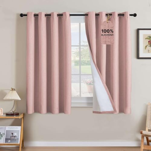 Image of H.VERSAILTEX Linen Curtains 100% Blackout Curtains for Bedroom 54 inch Long Full Light Blocking Nature Linen Blended Window Curtains for Living Room Nickel Grommet (2 Panels, Heathered Baby Pink)