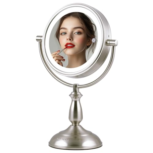 OVENTE 8' Lighted Tabletop Makeup Mirror with 1X/10X Magnification, Double Sided Vanity Mirror, 360° Swivel Design, 3-Tone Smart Touch Glow LED Lights with Auto Shut Off, Nickel Brushed MPT751BR1X10X