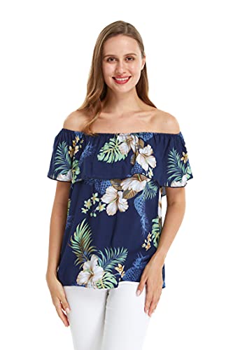 Matchable Couple Hawaiian Luau Shirt or Off-Shoulder Ruffle Muumuu Top in Pineapple Garden Navy2