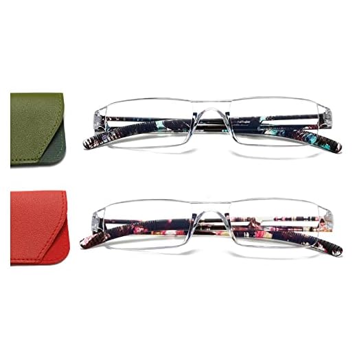 Hubeye 2 pares Gafas de Lectura Sin Montura Mujer Hombre Rectángulo Lector sin marco transparente anteojos anti luz azul con funda de cuero 1.50