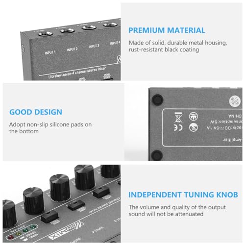 OFFCUP 4-Kanal Audio Mixer, Mini Audio Mixer, Stereo Line Mixer Rauscharm, Stereo Line-Mischer, Kleinmischpult für Mikrofone PC Gitarren Bass Bühne- Grau