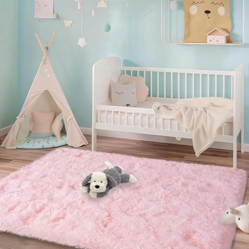 Pink Rugs for Bedroom, 3x5 Feet Fluffy Area Rugs for Living Room, Soft Shag Kids Rug Small Carpet with 4 Non-Slip Rug Pads (3ft x 5ft, Pink)