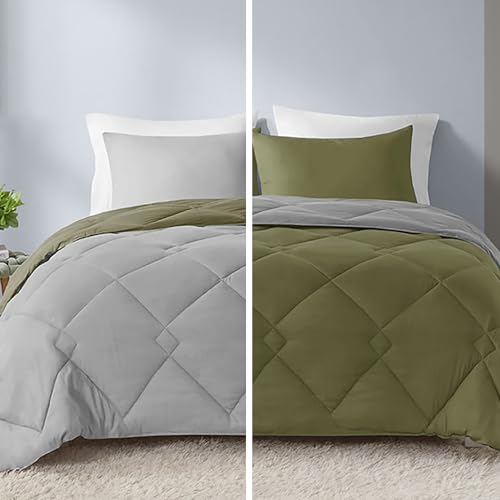 Image of Comfort Spaces King Comforter Set, Chic Reversible Quatrefoil Quilting Comforters King, All Seasons, Lightweight Microfiber Bedding Set Matching Sham, Vixie, King Green /Grey 3 Piece