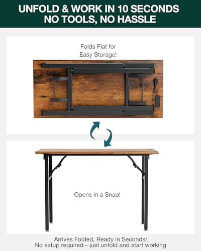 Image of Frylr Small Folding Computer Desk - 43.3 Inch Portable Table for Craft and Study, Lightweight Desk for Small Spaces, Foldable Laptop Table Built-in AC /USB Outlets for Convenience, Rustic Brown