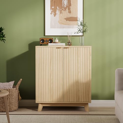 Sideboard Buffet Cabinet with Storage, Modern Fluted Accent Credenza with Doors & Adjustable Shelves, 31.5" Wood Coffee Bar Console Table for Living Room, Dining Room, Kitchen, Entryway, Natural Oak