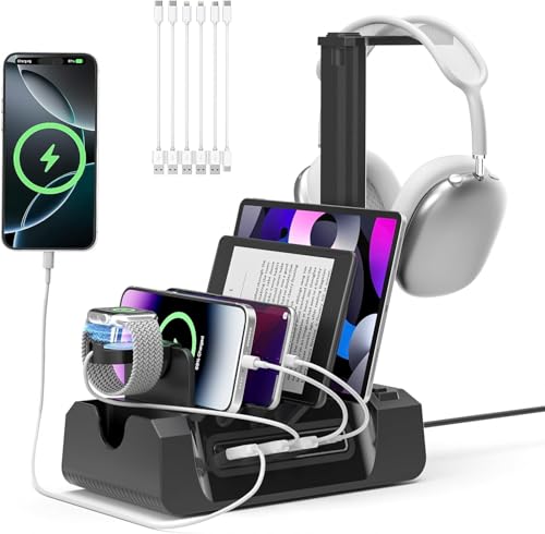KDD Charging Station Organizer for Multiple Devices,6-in-1 Charging Dock with Headphone Stand and Watch Holder,2 AC&USB A USB C, Storage Station for Smartphone,Tablets, AppleWatch