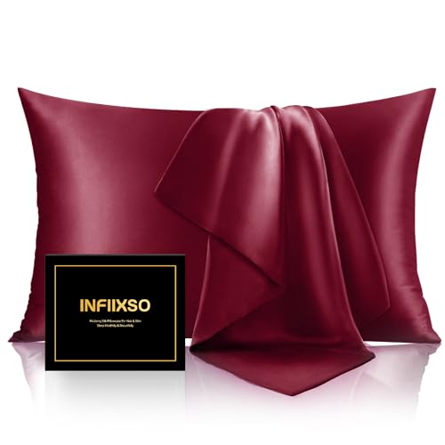 Image of INFIIXSO Silk Pillow Cases 2 Pack Standard Size, Ultra Smooth & Soft Mulberry Silk Pillow Case for Hair and Skin, Breathable Cooling Silk Pillowcase with Hidden Zipper (Burgundy, 20x26 Inches)
