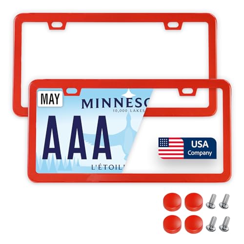 Image of Premium Slim Red License Plate Frames - 2 Pack, Rust-Free Stainless Steel & Rattle-Free, Street Legal, Universal with Screw Caps, Thin Metal Front & Rear Car Tag Holders Unisex