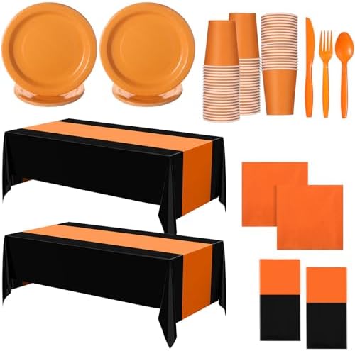 Oudain 162 Pcs Orange and Black Graduation Party Supplies Dinnerw...