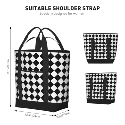 Black And White Diamond Pattern Large Capacity Insulated Shopping Tote Bag – Keeps Food Cold/Hot For Hours, Ideal For Travel, Groceries & Outdoor Use3