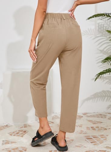 Dokotoo 2025 New Summer Linen Pants Women Casual Trendy Wide Leg Plus Size Cargo Trouser Lightweight Loose Basic Solid Slacks Womens Fashion Capri Pants Cotton Fall Outfits for Women Khaki L4