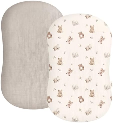 Muslin Baby Lounger Cover 2 Pack, Soft Breathable Newborn Lounger Pillow Cover for Boys Girls Infant (Teddy & Friends)