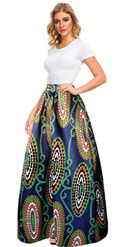 Afibi Women African Printed Casual Maxi Skirt Flared Skirt A Line Long Skirts with Pockets (XX-Large, Pattern 1)