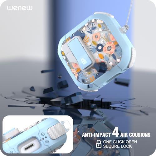 Image of WENEW Case for AirPods 4th Case Cover Secure Lock Automatic Snap Switch Clip Cleaner Kit Lanyard Women Stylish Flower Armour Hard Shell Full Body Front LED Visible (Blue, AirPods 4)
