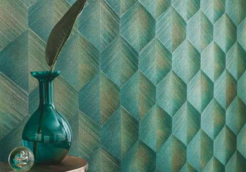Papel pintado de rombos con efecto 3D metálico y matices dorados 6