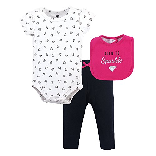 Image of Hudson Baby Unisex Baby Cotton Bodysuit, Pant and Bib Set, Sparkle, 3-6 Months