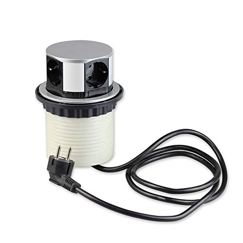 enchufe retráctil para cocina y oficina - redondo empotrado ideal para la encimera, como enchufe de mesa o debajo con 4 vías y cable de 1,8m