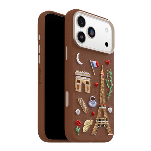 Image of OtterBox iPhone 17 Pro Max Symmetry Series Cactus Leather Embroidery Case - City of Love - Brown - Textured, Embroidered Paris Artistic iPhone Case