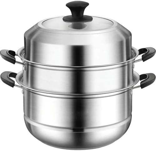 REHOOF Vaporera De 2 Capas De Acero Inoxidable 430 Pulido,Olla De con Sartén Inferior, 2 Arcos Y Tapa, Olla para Sopa Comercial, Olla Caliente, Vaporera, Olla para Albóndigas con Tapa De Cristal 40cm