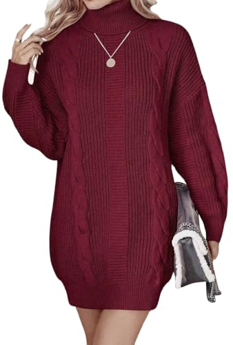ELFIN Strickkleid Damen Oversized Rollkragen Pulloverkleid Winterkleid Langarm Strickpullover Zopfmuster Strick Langer Pullover Mini Kleider (XL,...