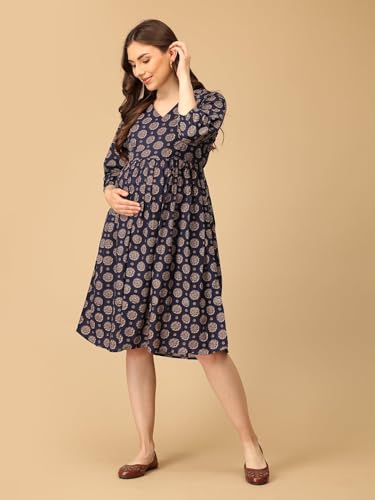 Image of The Mom Store Maternity and Nursing Dress | Pre and Post Pregnancy Dress for Womens | Zipper /Button Opening | Causal Wear | Trendy Stylish Causal Dresses for New Moms