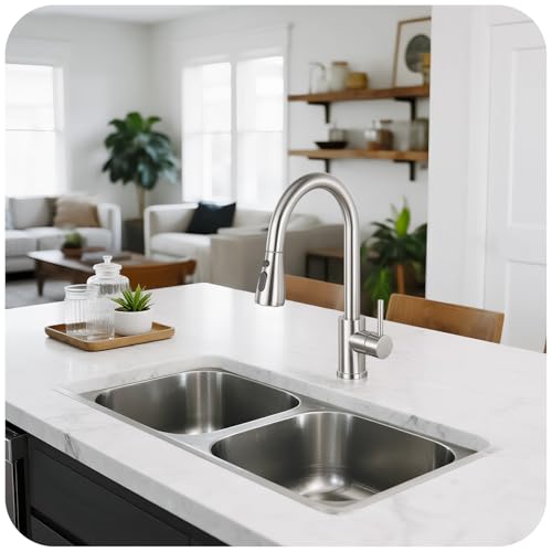 Image of Brushed Nickel Kitchen Faucet with Pull Down Sprayer | SUS 304 Stainless Steel, Single Handle, 3 Spray Modes, 360 Swivel Spout, RV Laundry Bar Sink, Deck Plate, NSF372 NSF61 cUPC