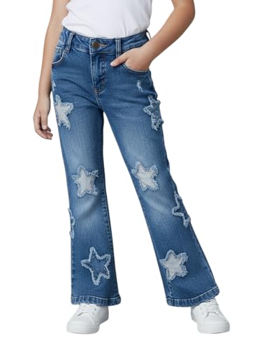Image of Amazon Brand - Jam & Honey Girls Cotton Rich Lightweight Breathable Mid Rise Jeans | Stylish Star Design | Regular Fit | Age 2-13 Years
