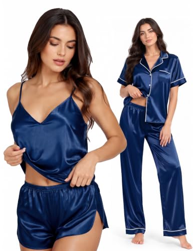 Image of SWOMOG Womens Silk Satin Pajamas Sets 4pcs Sleepwear Sexy Cami Shorts Set and Button Down Short Sleeve Pjs Loungewear