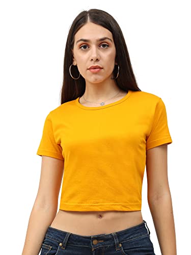 Image of FLEXIMAA Women's Cotton Plain Round Neck Half Sleeve Crop Top