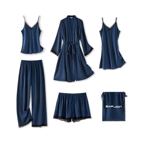 SAPJON Womens Silk Pajama Sets 6Pcs Sexy Satin Robe Sleepwear Set V Neck Lace Cami Shorts Nightgown Loungewear Navy Blue Small