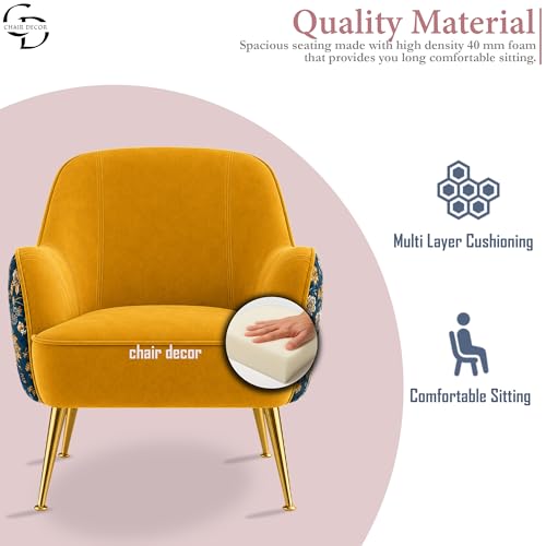 Image of Velvet Wingback Accent Chair for Living Room | Luxury High Back Tufted Armchair with Glossy Metal Legs | Modern Velvet Upholstered Lounge Chair for Home & Office | 1 Pc (Mustard Floral)