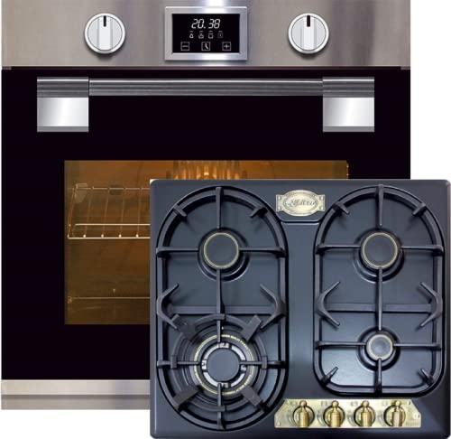 Kaiser Küchengeräte Backofen-Set EH 6337+KG 6325 Em, Elektro Einbau Backofen, 79L, 11 Funktionen+ Retro Einbau Gas- Kochfeld 60 cm, Empire, Emailliert Schwarz, 3,8 kW WOK