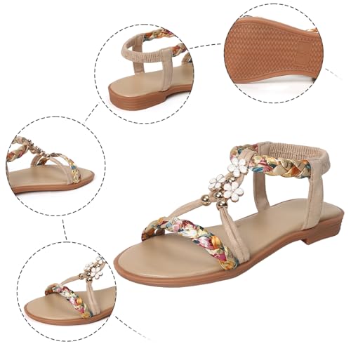 Girls Summer Bohemian Sandals Kids Beach Vacation Open Toe Floral Rhinestone T Strap Dress Flat Shoes Casual Sandal3