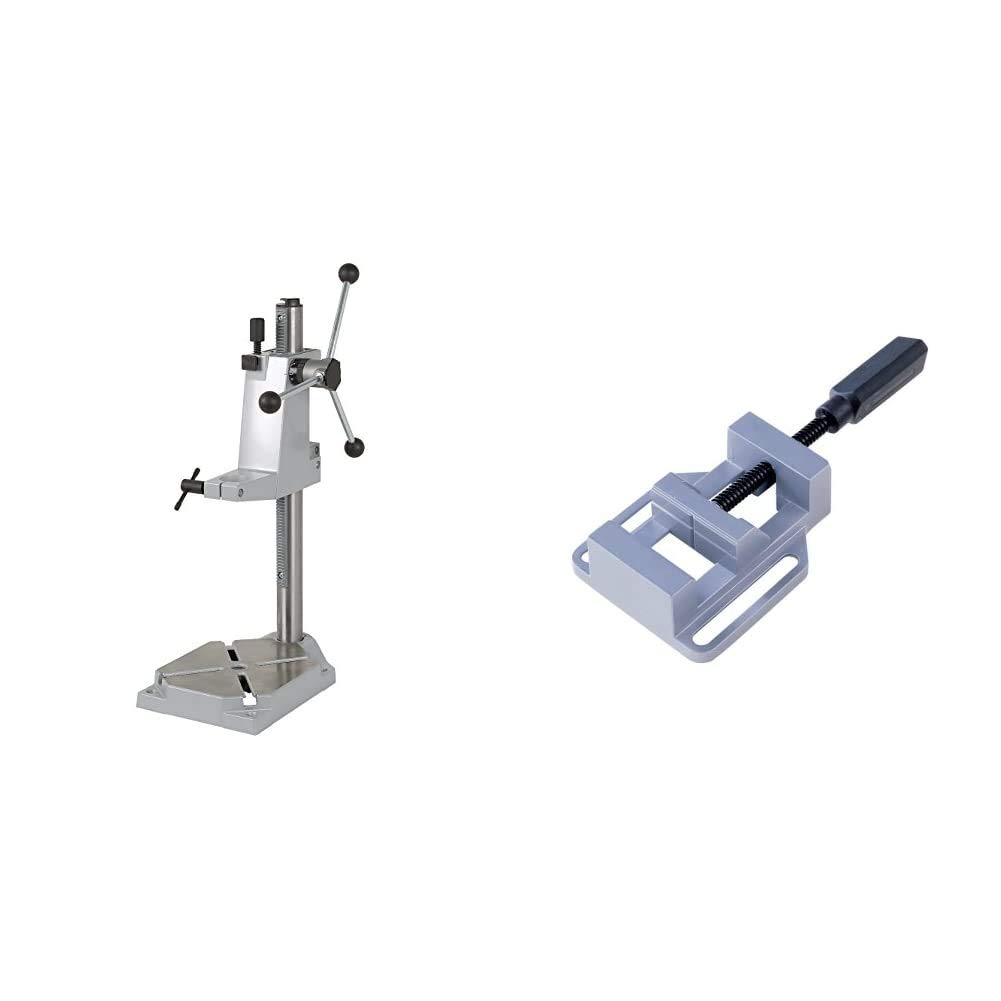 Wolfcraft 5027000Soporte de taladro Ø 43 mm, altura 570 mm + 3412099Mordaza para taladro, ancho de boca 68 mm, ancho de sujeción hasta 65 mm, plateado
