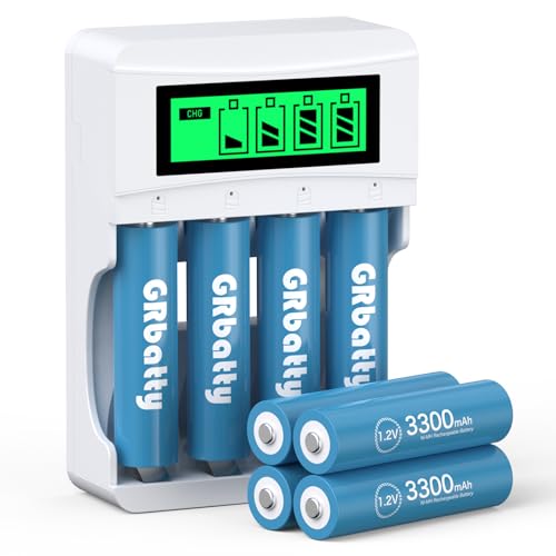 GRbatty Pilas Recargables AA 3300mAh con Cargador, 1,2 V Baterías Recargables Ni-MH AA Paquete de 8...