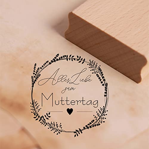 Motivstempel Alles Liebe zum Muttertag - Vintage Kranz Herz Stempel Holzstempel Mama 47 x 48 mm