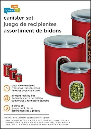Honey-Can-Do Three-Piece Set of Nesting Stainless Steel Kitchen Canisters, Red KCH-03011 Red
