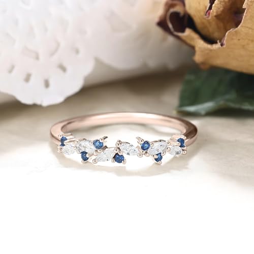 Art Deco Bridal Wedding Band for Women Created Blue Sapphire Cubic Zirconia 925 Sterling Silver Plated White/Rose Gold Half Eternity Birthstone Promise Ring for Her Size 4-92
