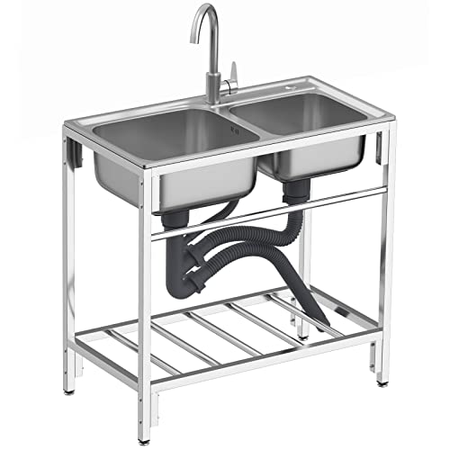 Lavello da cucina in acciaio inox a 2 scomparti, lavello da cucina per ristorante, autoportante commerciale in acciaio inox 304, doppia vasca, lavandino con rubinetto dell'acqua calda fredda