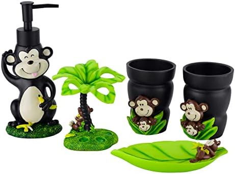 Mekoly Bathroom Accessories Set 5 Pcs,Black Bathroom Sets Accessories Monkey Look Bathroom Vanity Countertop Accessory Set with Lotion Soap Dispenser,Toothbrush Holder,Bathroom Tumbler for Kids