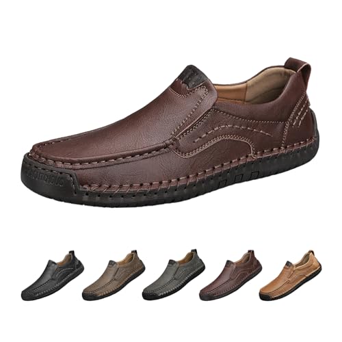 Men's Slip-On Dress Driving Loafers,Comfortable Memory Foam Hand-Stitched Non-Slip Moccasin Flat Leather Casual Shoes